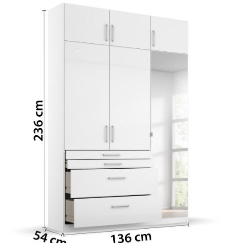 Henriette nyílóajtós szekrény, magasítóval, magasfényű fehér/tükör,136vm