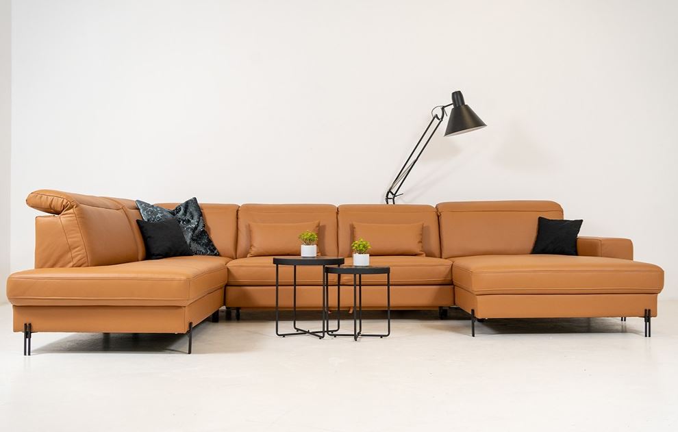 Ravenna bőr U alakú garnitúra, ágy+ÁT, mély ülés, normál komfort, retro karfa,989 sárga, fekete duplapálcás lábbal, 344x210x170 cm + 2 db derékpárna