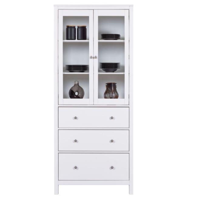 CosyHome vitrin, fehér festett fenyő, 3 fiók, 2 ajtó, 82x197x39 cm
