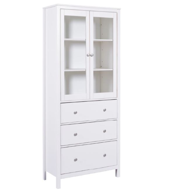 CosyHome vitrin, fehér festett fenyő, 3 fiók, 2 ajtó, 82x197x39 cm