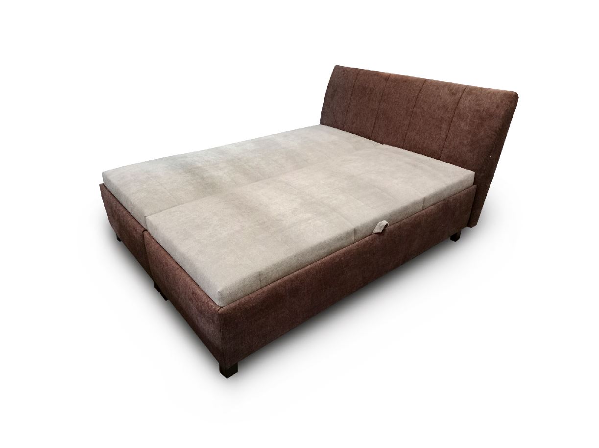 Minotti franciaágy, 160x200 cm fixen kárpitozott fekvőfelülettel, pillangó nyitással, 2db dobozból, alap+fejtámla Alfa 08/ barna, matrac Alfa 03 világos barna