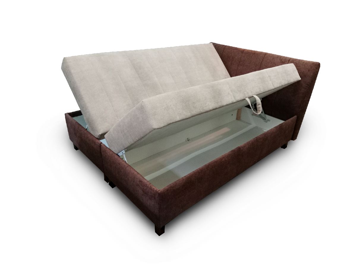 Minotti franciaágy, 160x200 cm fixen kárpitozott fekvőfelülettel, pillangó nyitással, 2db dobozból, alap+fejtámla Alfa 08/ barna, matrac Alfa 03 világos barna