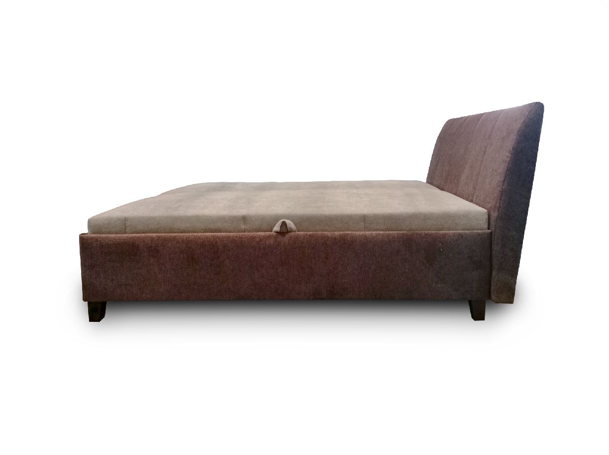 Minotti franciaágy, 160x200 cm fixen kárpitozott fekvőfelülettel, pillangó nyitással, 2db dobozból, alap+fejtámla Alfa 08/ barna, matrac Alfa 03 világos barna