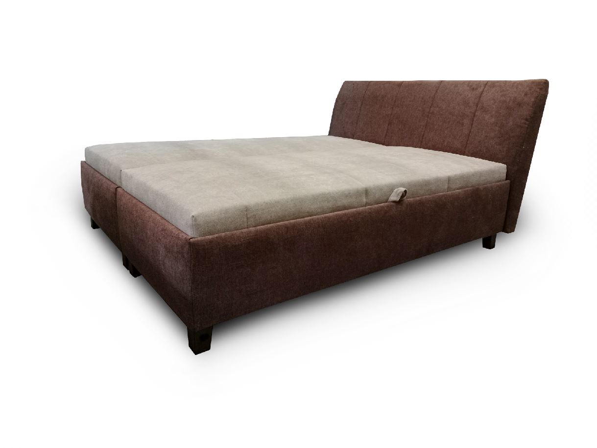 Minotti franciaágy, 160x200 cm fixen kárpitozott fekvőfelülettel, pillangó nyitással, 2db dobozból, alap+fejtámla Alfa 08/ barna, matrac Alfa 03 világos barna