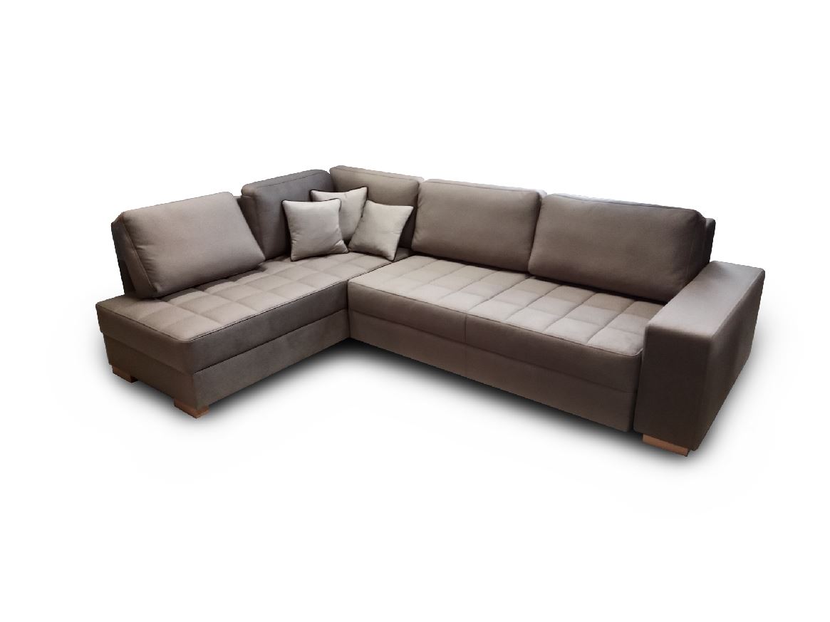 VARIA "L" ottomános sarokgarnitúra - kiemelő vasalattal, LargoTaupe(3.), két ágyneműtartóval, bükk láb, 275x200 cm