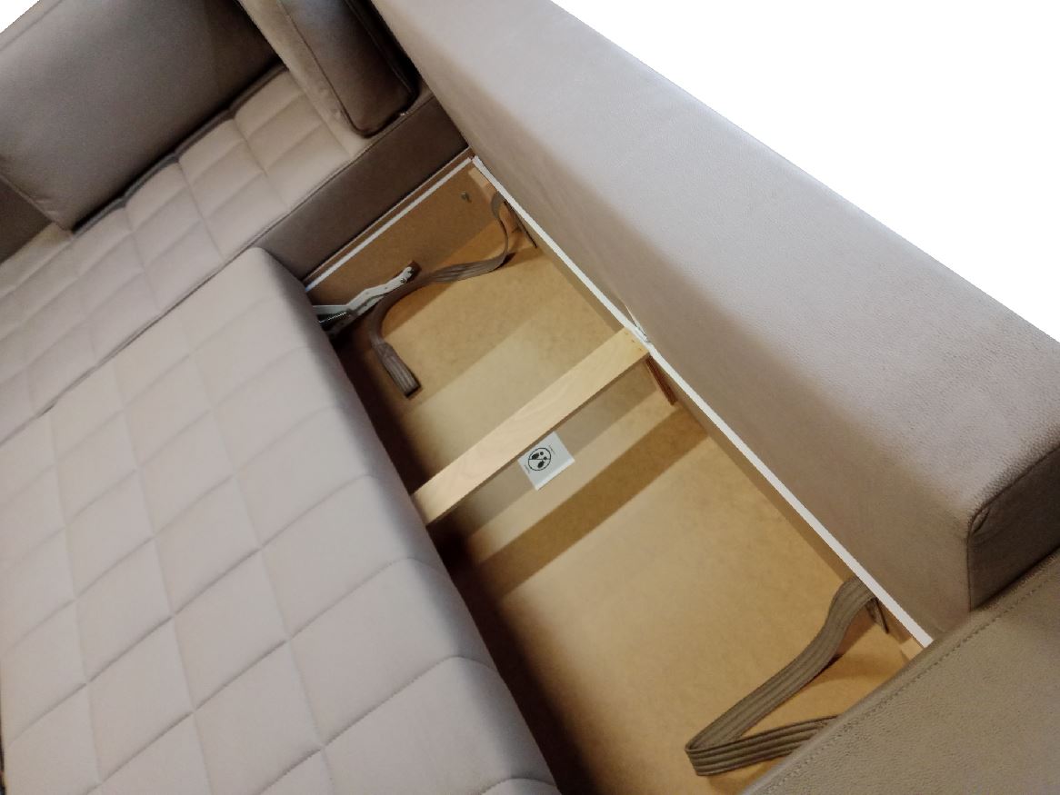 VARIA "L" ottomános sarokgarnitúra - kiemelő vasalattal, LargoTaupe(3.), két ágyneműtartóval, bükk láb, 275x200 cm