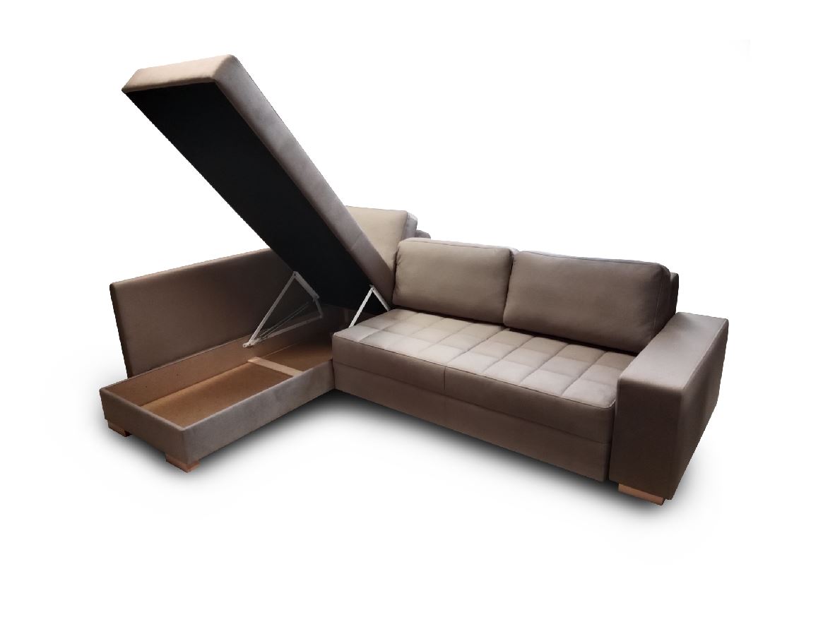 VARIA "L" ottomános sarokgarnitúra - kiemelő vasalattal, LargoTaupe(3.), két ágyneműtartóval, bükk láb, 275x200 cm