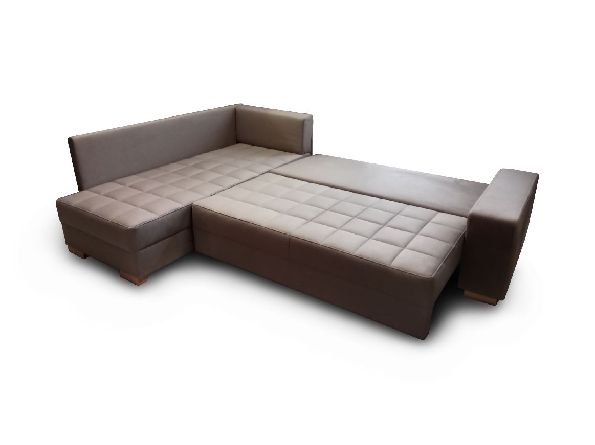 VARIA "L" ottomános sarokgarnitúra - kiemelő vasalattal, LargoTaupe(3.), két ágyneműtartóval, bükk láb, 275x200 cm