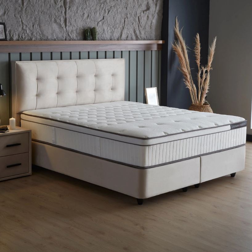 Milano boxspring franciaágy szett (ágyneműtartóval, matraccal) beige bársony, 160x200cm