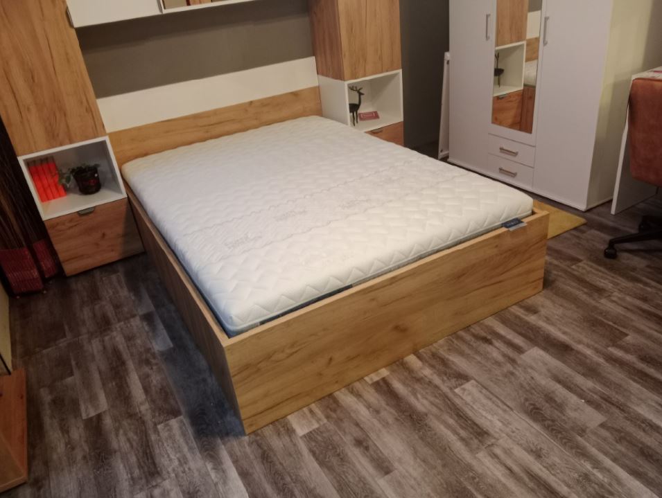 Drill-140 ágyneműtartós ágy, Gold craft tölgy / Fényes fehér, 140x200 cm