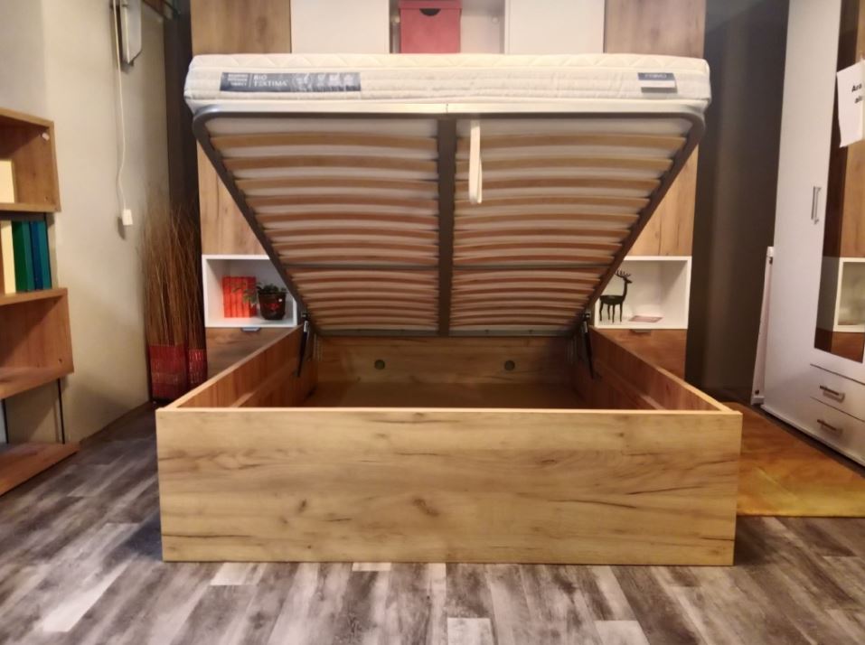 Drill-140 ágyneműtartós ágy, Gold craft tölgy / Fényes fehér, 140x200 cm