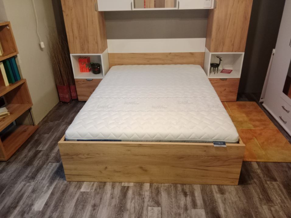 Drill-140 ágyneműtartós ágy, Gold craft tölgy / Fényes fehér, 140x200 cm