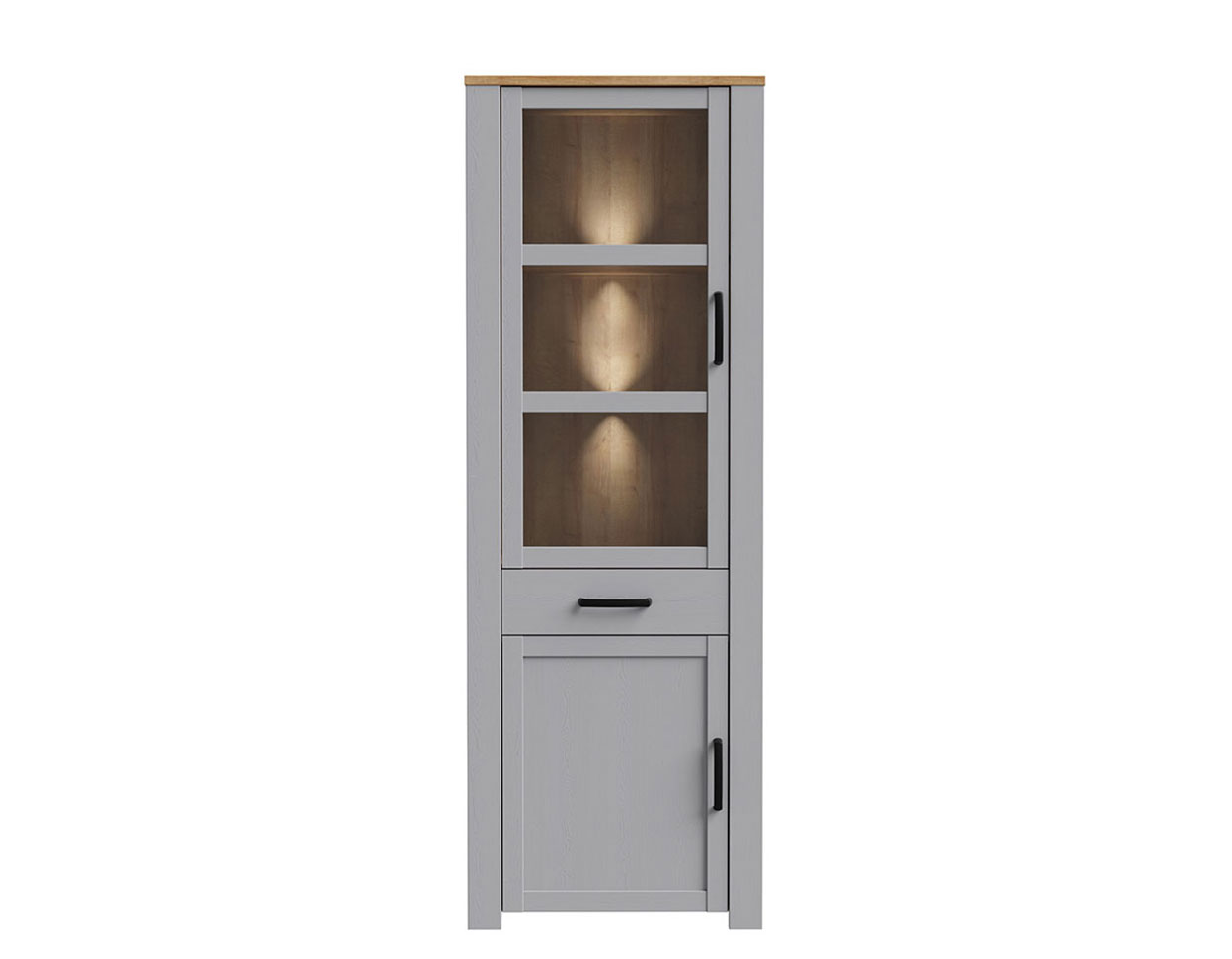 Provance keskeny vitrin, 1ajtó, 1fiók, 1üvegajtó LED világítással, szürke / riviera tölgy, 72x205x42 cm
