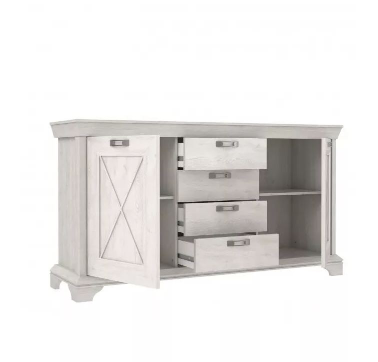 Kastel komód 2 ajtós 4 fiókos, fehér fenyő, 178x96x48 cm