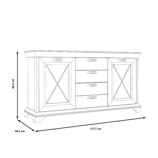 Kastel komód 2 ajtós 4 fiókos, fehér fenyő, 178x96x48 cm