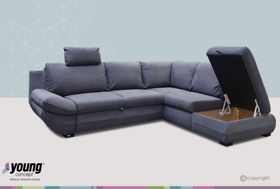 Carolyne jobbos sarokgarnitúra fejtámlával, szürke, 262x206 cm (mintadarab)