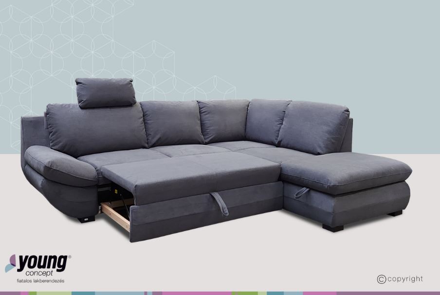 Carolyne jobbos sarokgarnitúra fejtámlával, szürke, 262x206 cm (mintadarab)