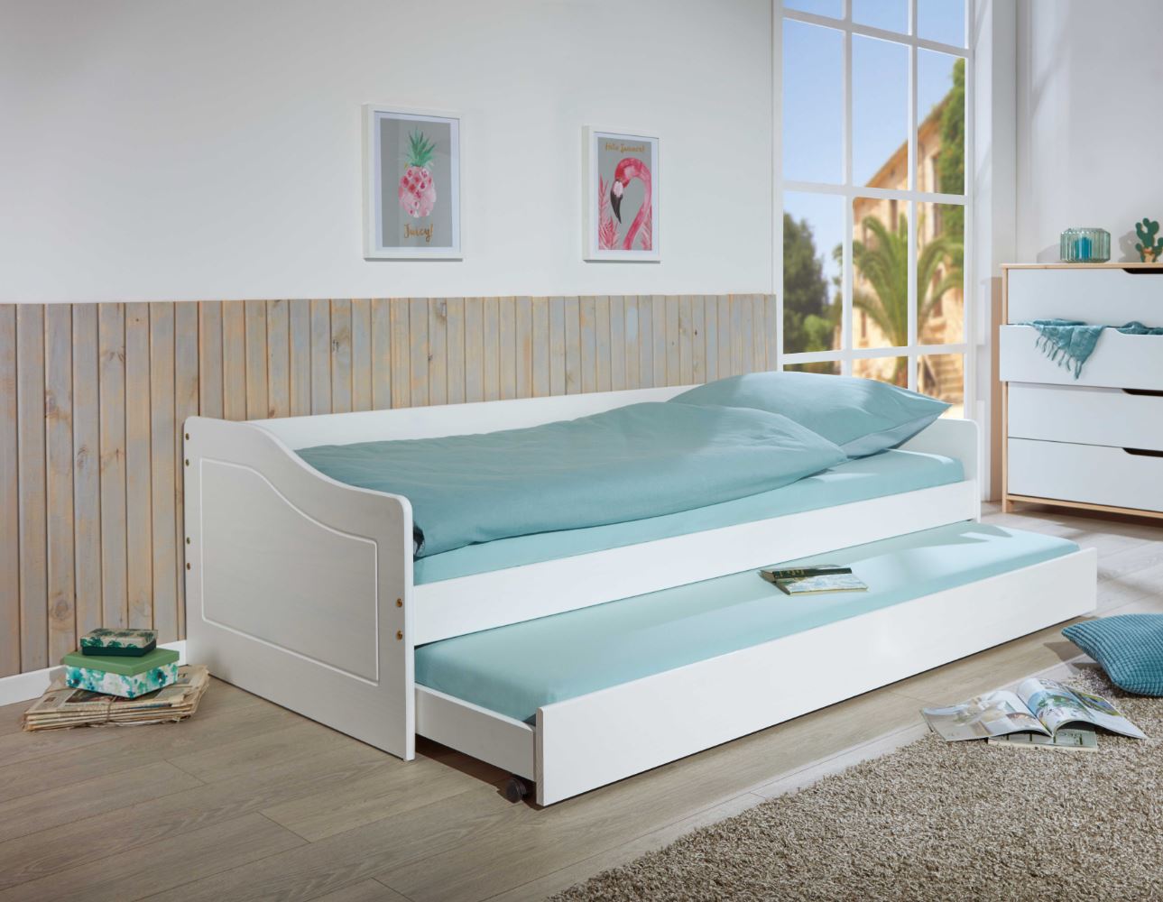 Lorry star - kétfunkciós ágy, ágybordával, fehér lakkozott, 97x209x66 cm (CosyHome)