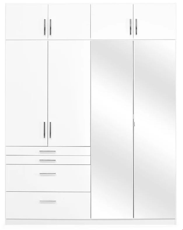 Henriette nyílóajtós szekrény + magasítóval, magasfényű fehér/tükör, 181x236x54 cm