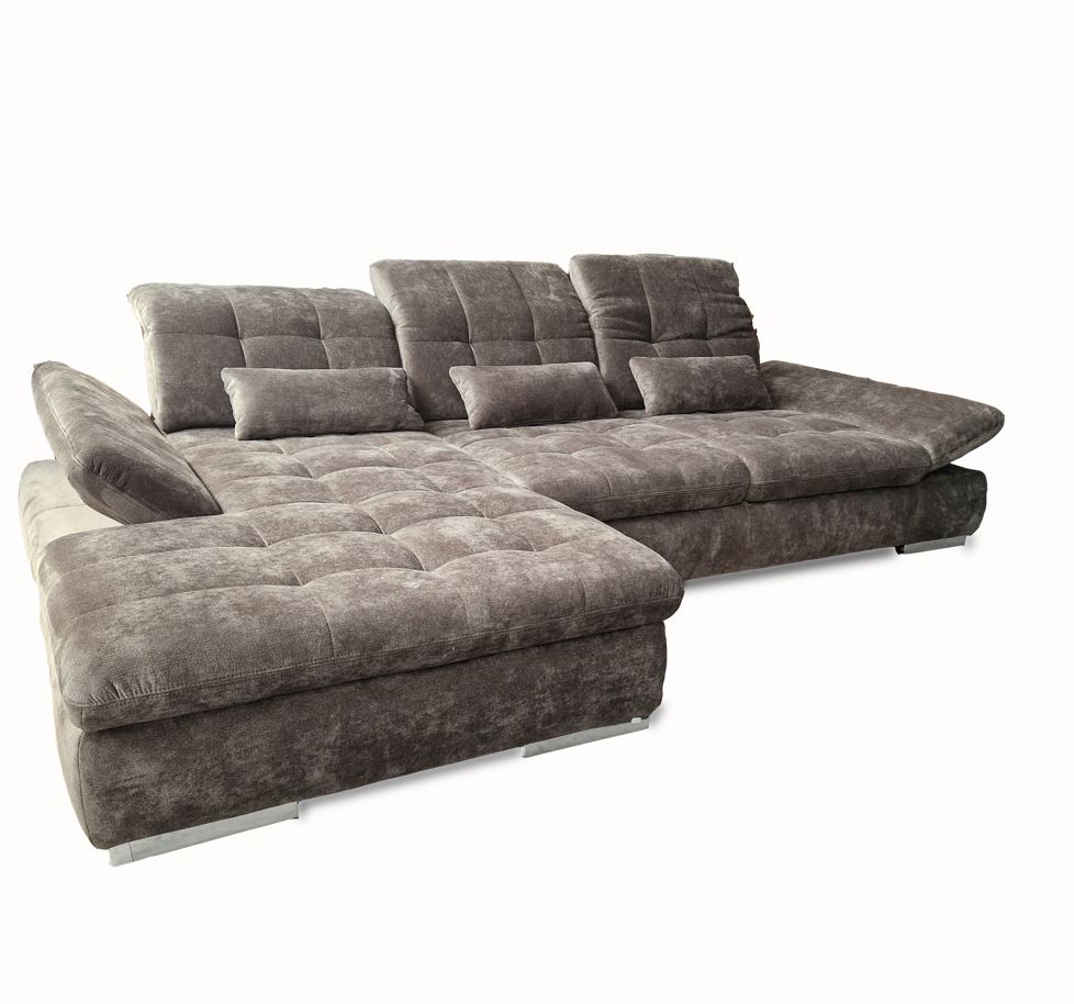 Vista lábtartós sarokgarnitúra, ülés és fejtámla funkciókkal, derékpárnával, balos, Julia schlam 30"C", króm, 305x199 cm