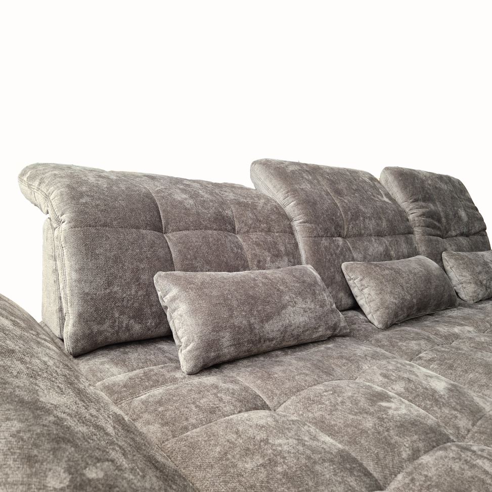 Vista lábtartós sarokgarnitúra, ülés és fejtámla funkciókkal, derékpárnával, balos, Julia schlam 30"C", króm, 305x199 cm