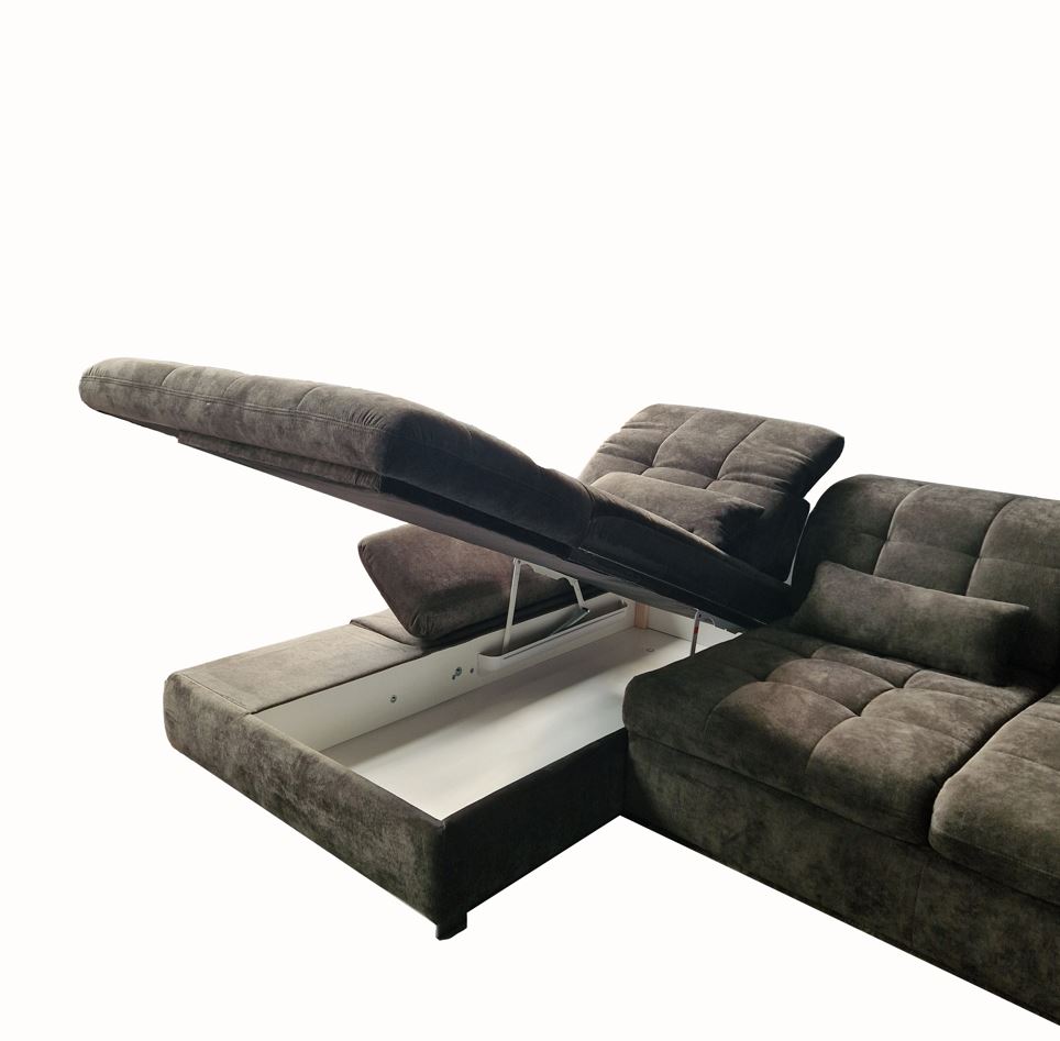 Vista lábtartós sarokgarnitúra, ülés és fejtámla funkciókkal, derékpárnával, balos, Julia schlam 30"C", króm, 305x199 cm