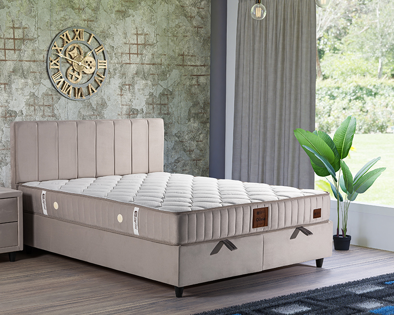 Ariel boxspring ágyszett (ágyneműtartós ágy matraccal), beige bársony, 180*200 cm