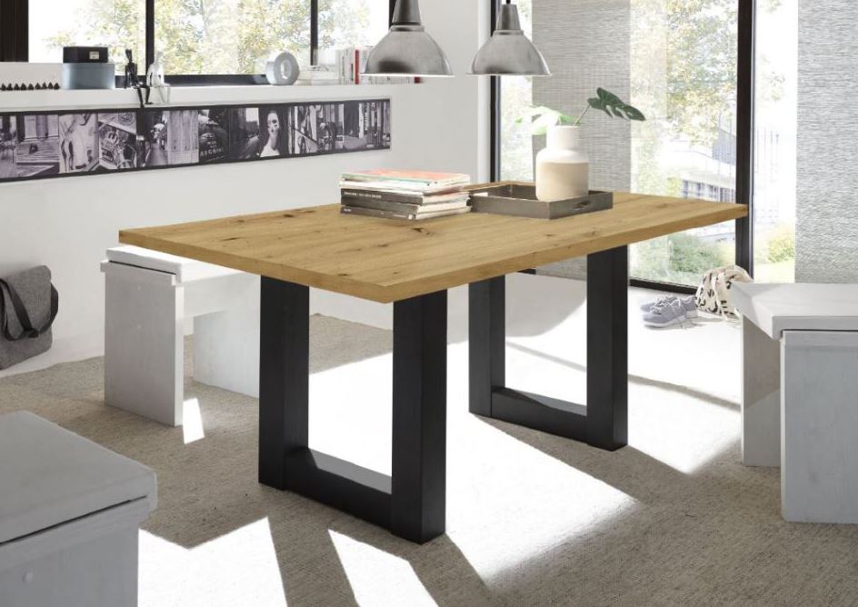 System-U140F asztal, csomóstölgy asztallap, feketeacél színű lábbal, 140x74x90 cm