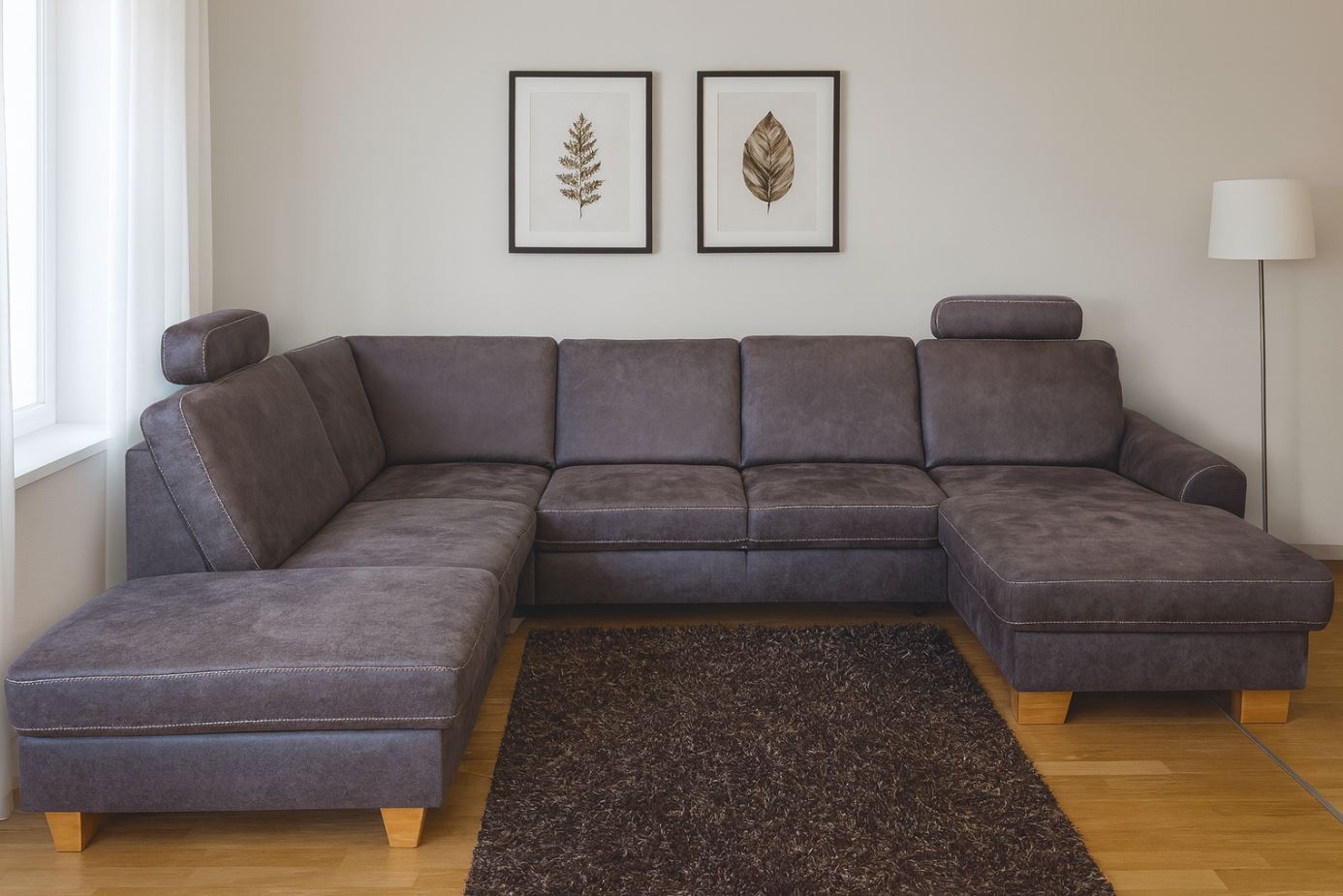 Stanley U alakú ülőgarnitúra, Taurus Grau szövet, tölgy láb, vendégággyal, tárolóval, fiókkal, relax funkcióval, 2 db fejtámlával, 313x235x167 cm