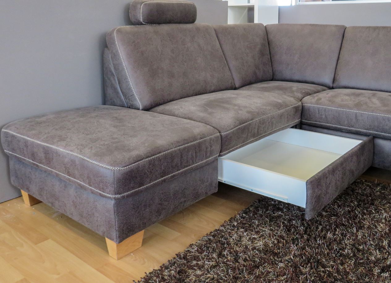 Stanley U alakú ülőgarnitúra, Taurus Grau szövet, tölgy láb, vendégággyal, tárolóval, fiókkal, relax funkcióval, 2 db fejtámlával, 313x235x167 cm