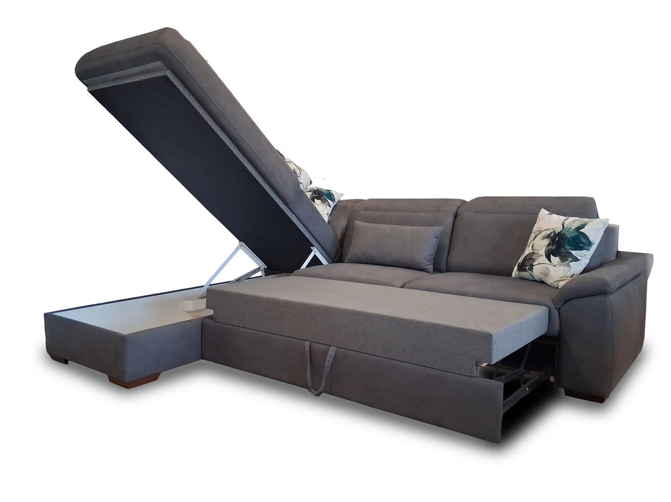 Ravenna sarokgarnitúra, állítható fejtámlákkal, vendégággyal, felnyíló tárolós elemmel, Szürke, 286x200 cm