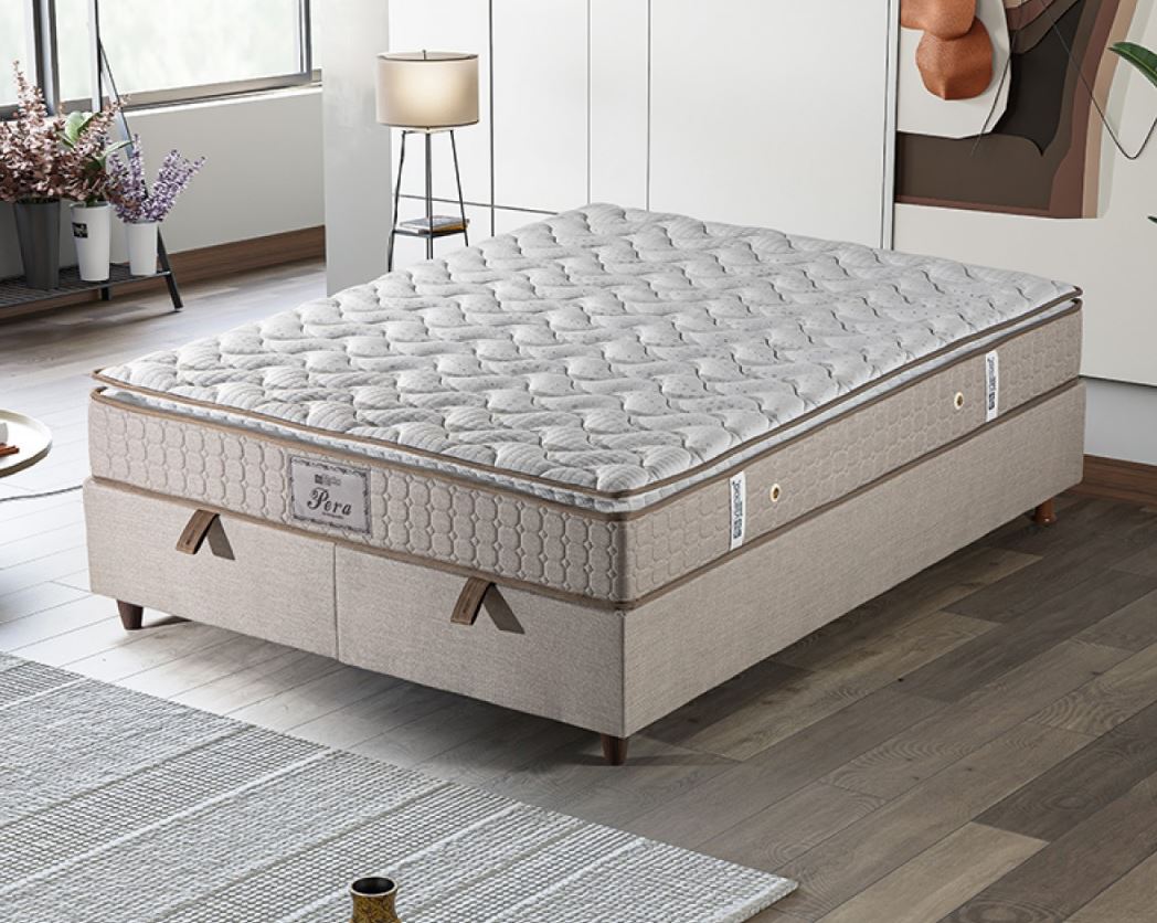 Peru boxspring ágyszett (ágyneműtartós ágy matraccal), beige szövet, 160*200 cm