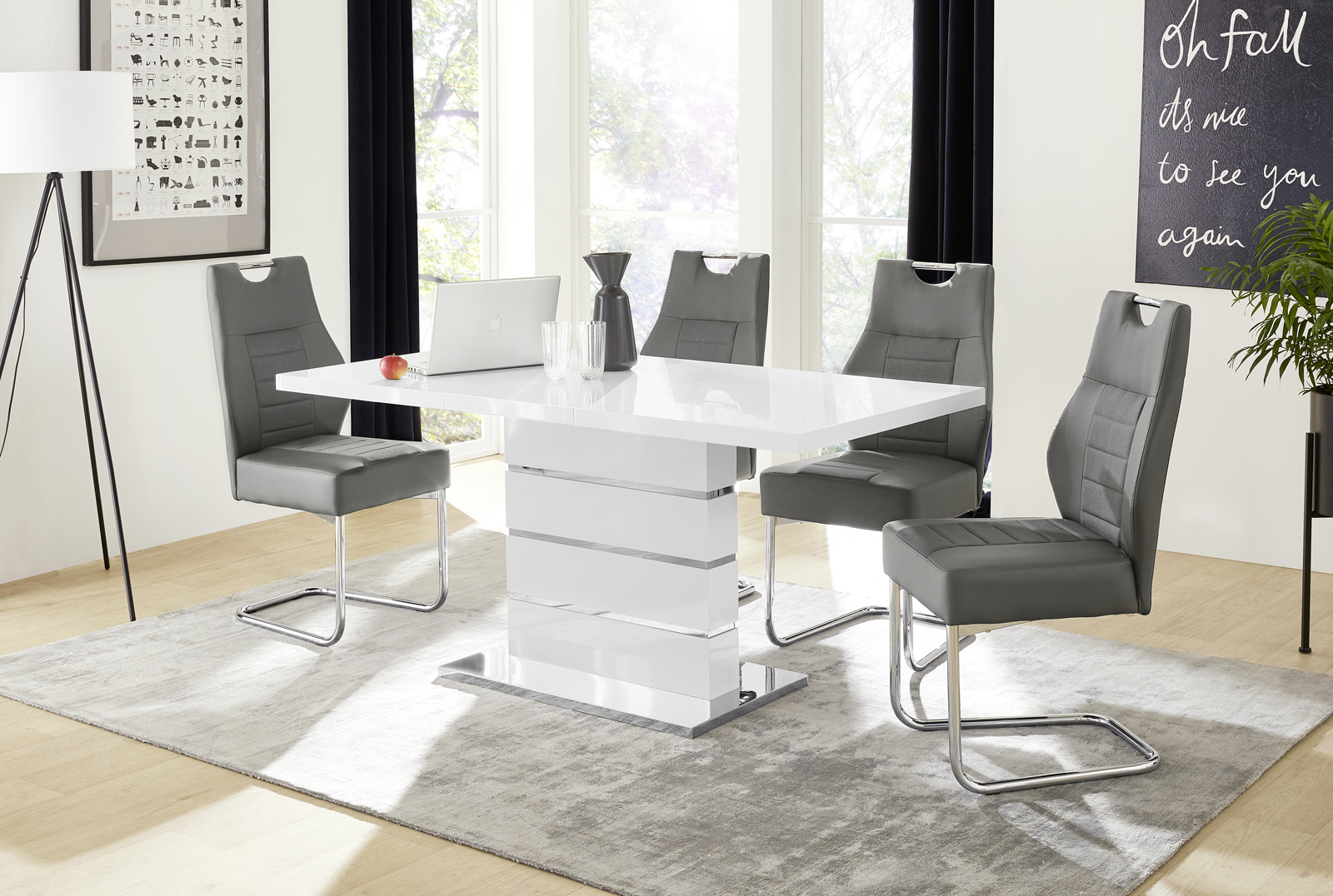Athen étkező asztal, magasfényű fehér/króm, 120-160*80cm
