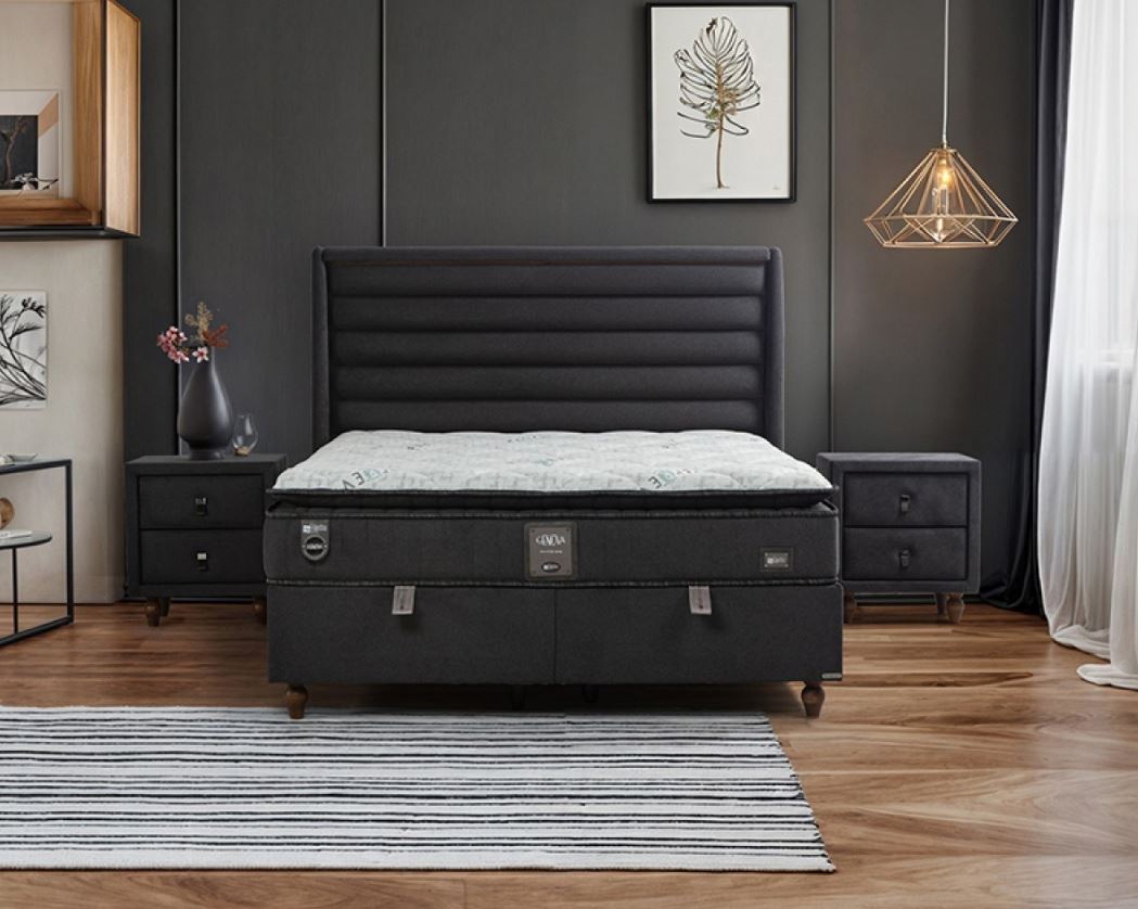 Havanna Boxspring ágyszett világítással (ágyneműtartós ágy matraccal), antracit, 160x200 cm