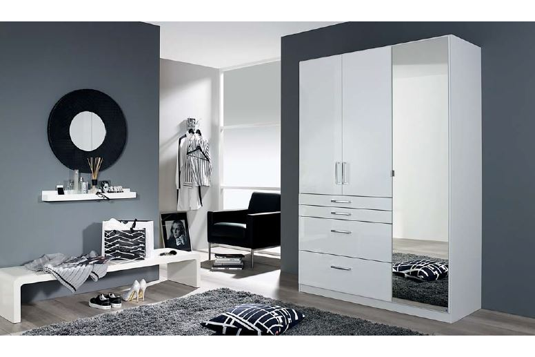 Henriette nyílóajtós szekrény, magasfényű fehér/tükör, 136x197x54cm