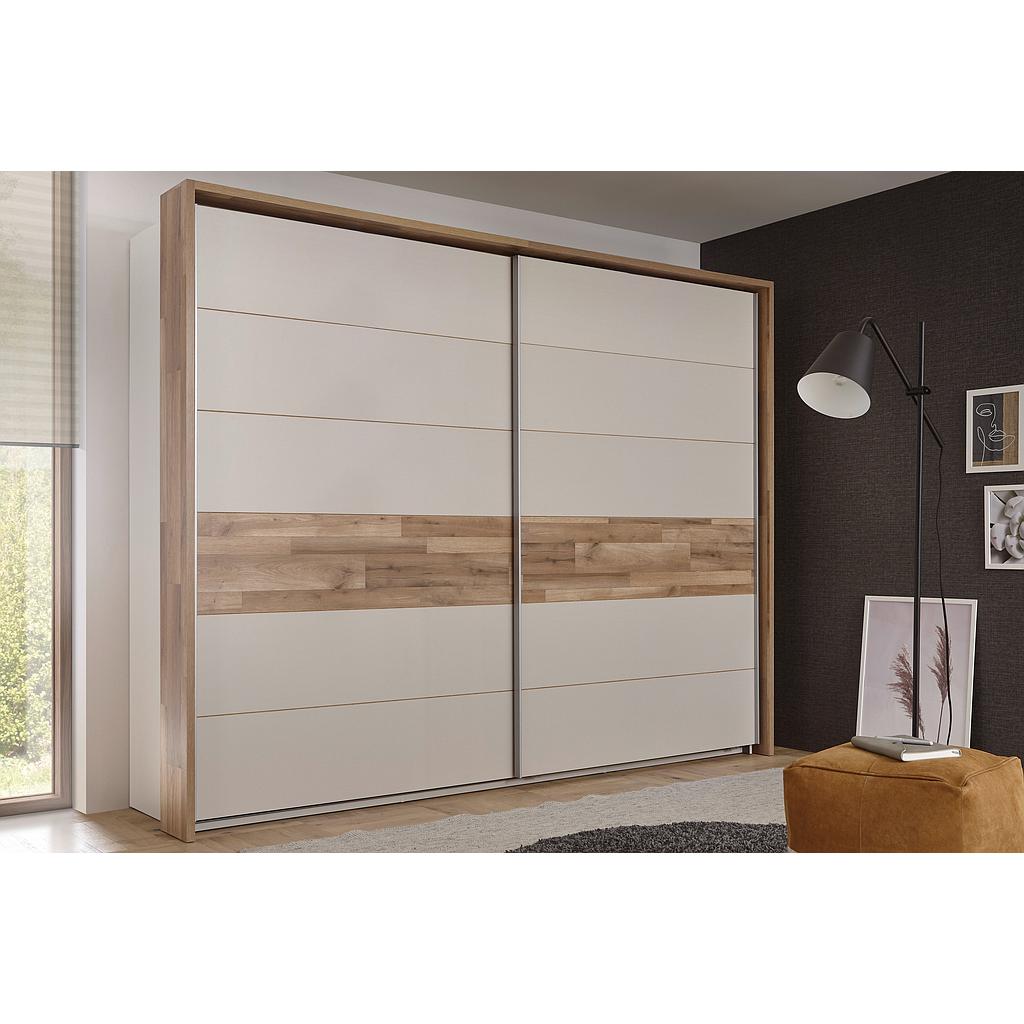 Carla tolóajtós szekrény passepartout kerettel, belső kiegészítőkkel, 280x215x60 cm, pezsgő/hegyi tölgy színben