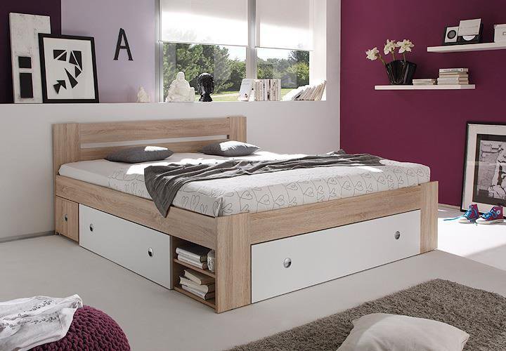 Fanny 140x200cm franciaágy szett (ágykeret, ágyneműtartó, 2db éjjeli szekrény), Sonoma tölgy/fehér