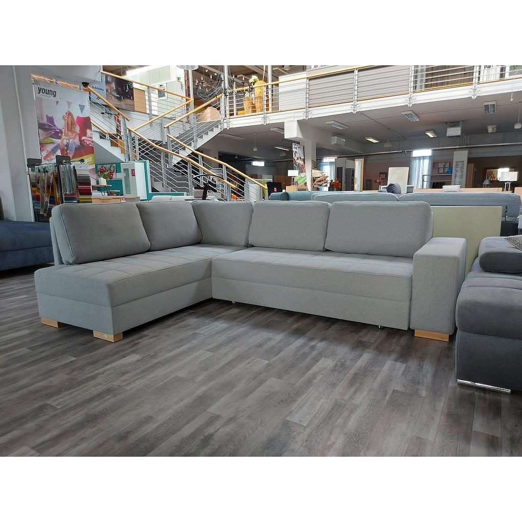 VARIA "L" ottomános sarokgarnitúra - kiemelő vasalattal, Barbados 18 vil.szürke, 2 ágyneműtartóval, 270x200 cm, bükk láb "k"