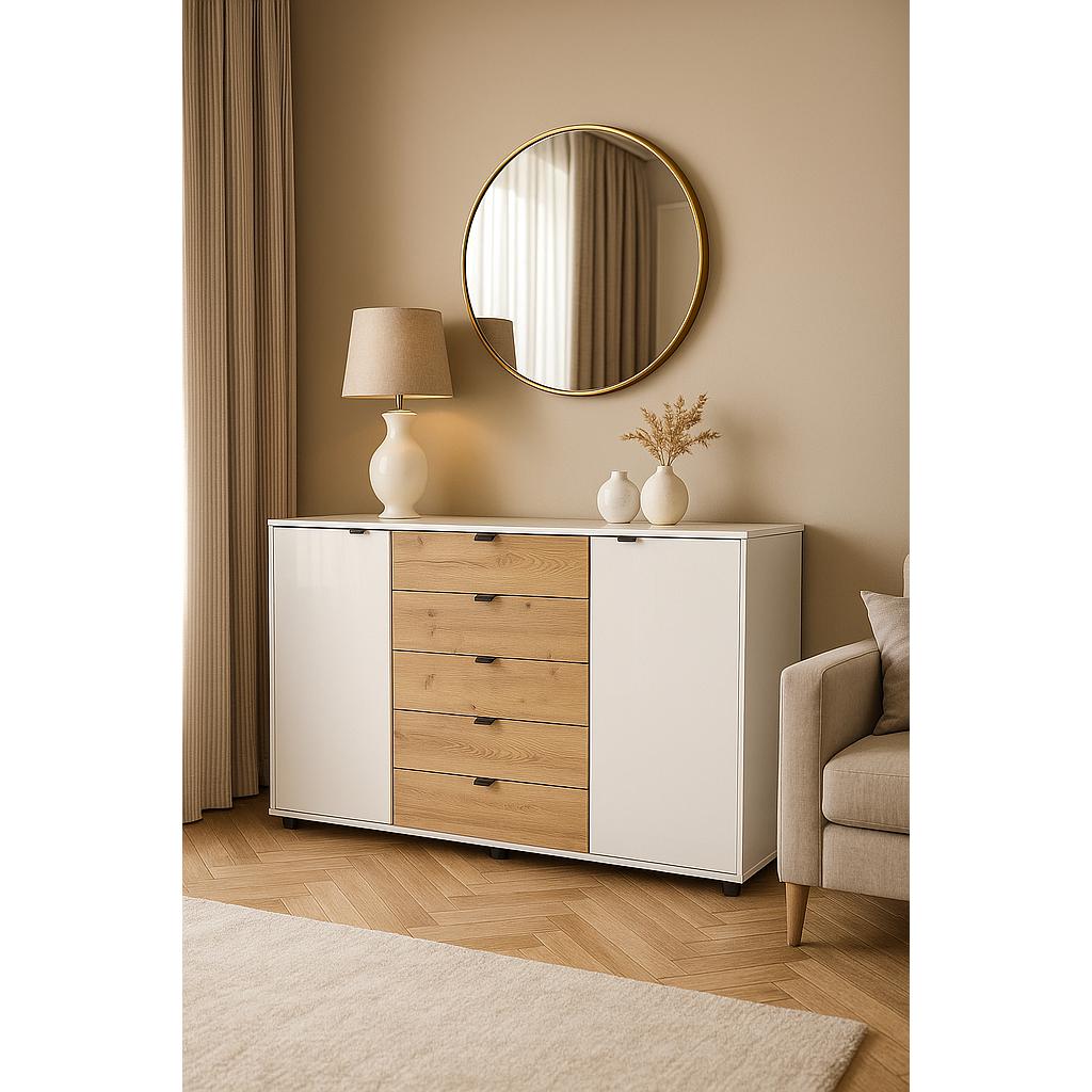 Nevada komód, 141 cm pezsgő üveg/Bianco tölgy, fogantyú szürke