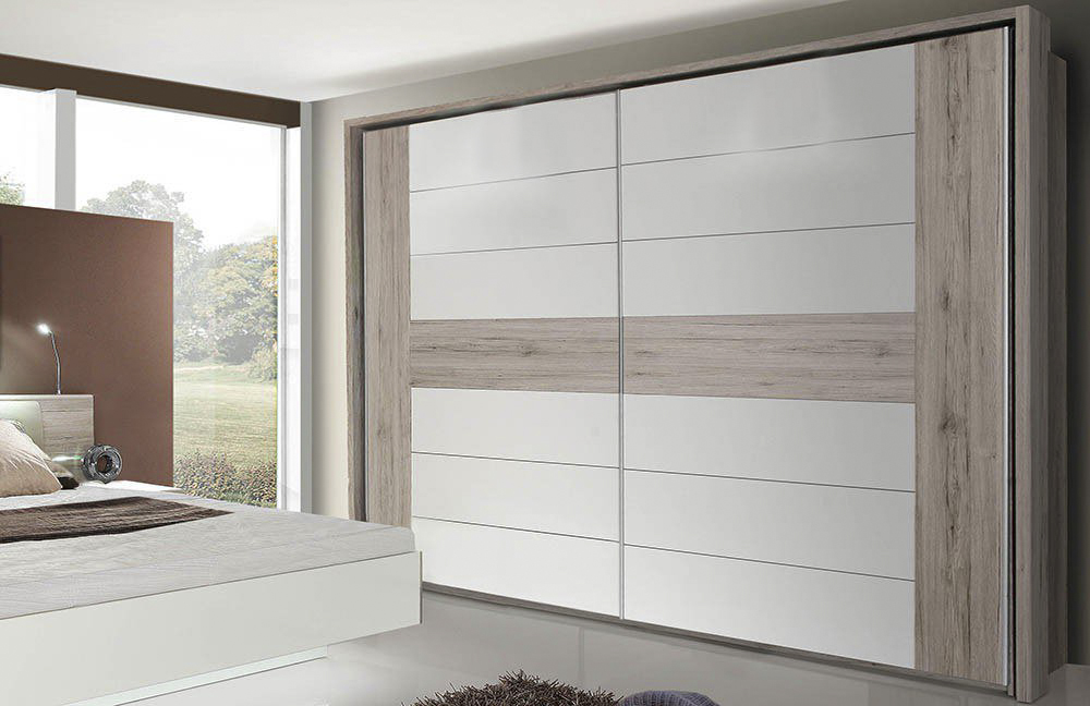 Rosso tolóajtós szekrény + passepartout keret világítás nélkül,  homoktölgy-fényes fehér, 280 x 215 cm