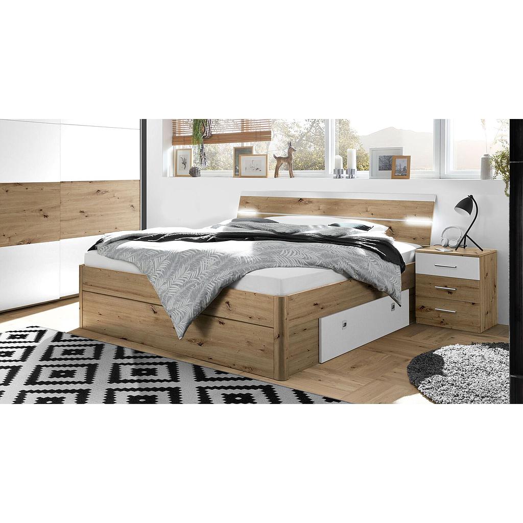 Marc franciaágy ágyneműtartó fiókkal, világítással,160x200cm, artisan tölgy/ fehér