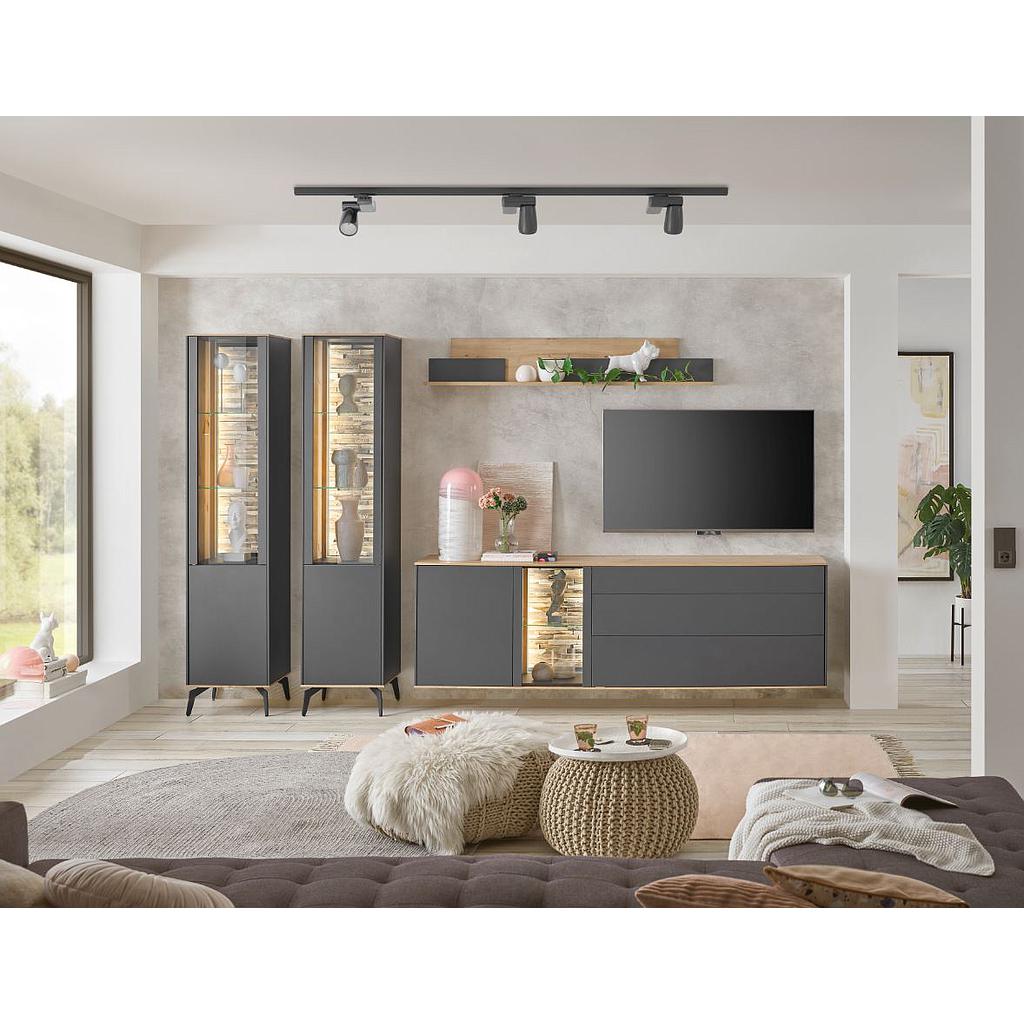 Colombus nappali összeállítás, antracit matt lakk / csomóstölgy, LED világítással