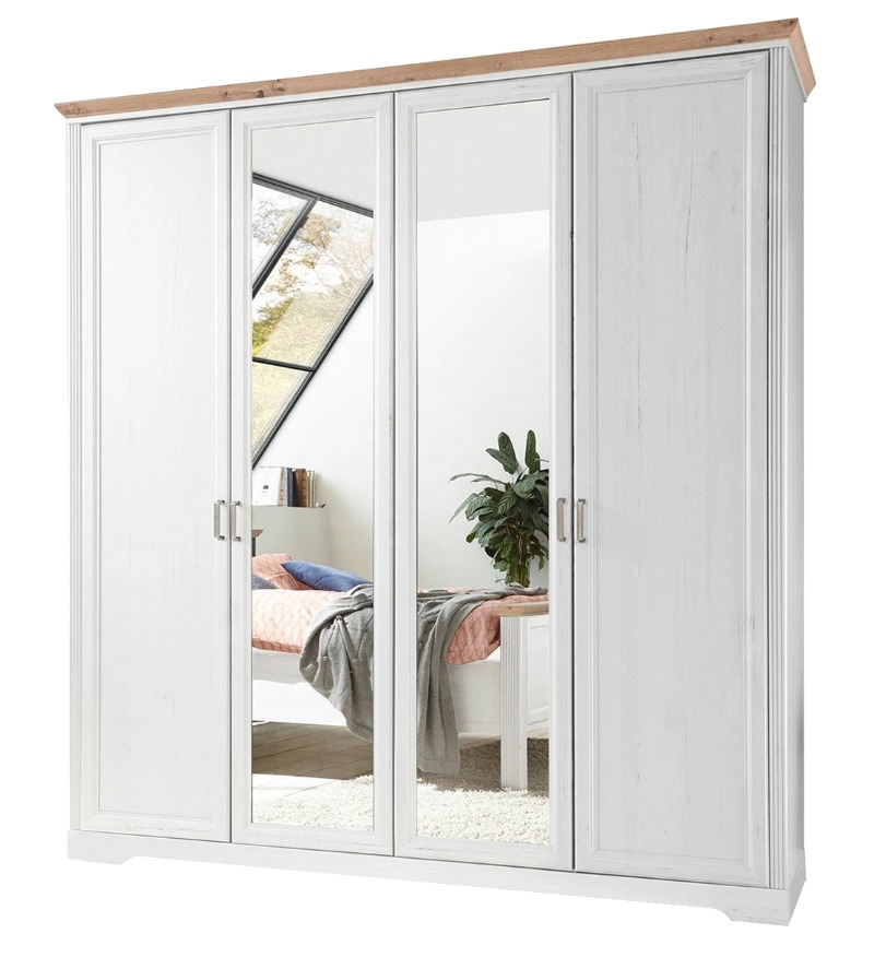 Jillana 4 ajtós tükrös szekrény, 210x220x64 cm, fehér-artisan tölgy