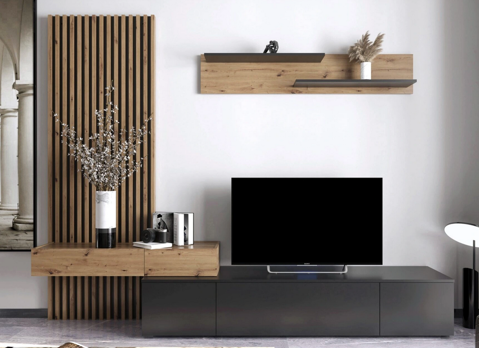 Brescia nappali szekrény,artisan tölgy/fekete , 250×200x43 cm