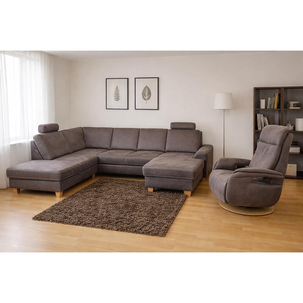 Stanley U alakú ülőgarnitúra 313x235x167 cm + Inside-S relax fotel 84x106x88 cm, Taurus Grau szövet, tölgy láb