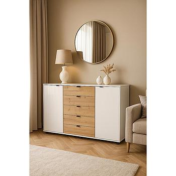 Nevada komód, 141 cm pezsgő üveg/Bianco tölgy, fogantyú szürke