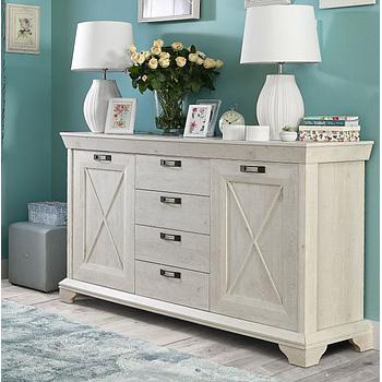 Kastel komód 2 ajtós 4 fiókos, fehér fenyő, 178x96x48 cm