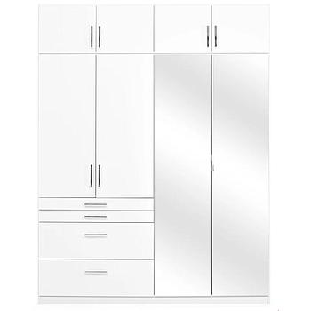 Henriette nyílóajtós szekrény + magasítóval, magasfényű fehér/tükör, 181x236x54 cm