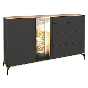 Colombus komód, antracit szürke matt lakk/csomós tölgy, LED világítással, 169x90x42cm (magas lábbal)